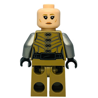 Tan minifigure with yellow eyes, olive and black torso with striped pattern, silver arms, and olive legs with black circular 