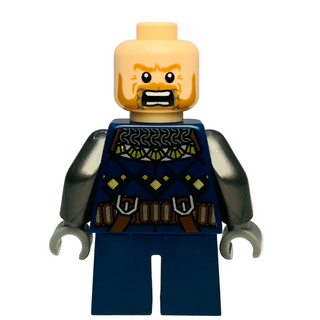 LEGO minifigure with tan head, orange beard, blue tunic with gold and brown details, metallic silver arms, and blue legs.