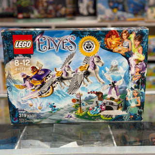 LEGO Elves set 41077 featuring a winged pegasus sleigh with minifigures and ground accessories.