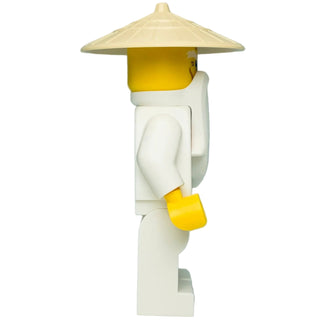 LEGO Ninjago Wu Sensei minifigure with yellow head and hands, white robes, and tan conical hat.