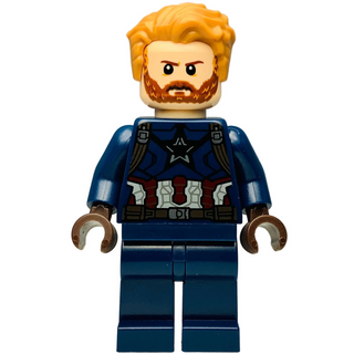 Captain America - Dark Blue Suit with Dark Brown Belt and Harness, Dark Brown Hands, Hair, sh0495 - LEGO® Marvel Minifigure Minifigure LEGO® Like New
