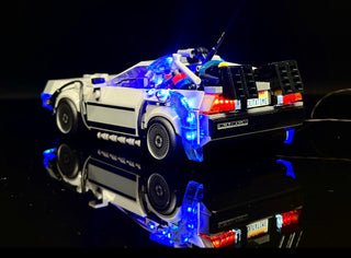 LEGO Time Machine car with blue and red LED lighting installed throughout the vehicle and interior components.