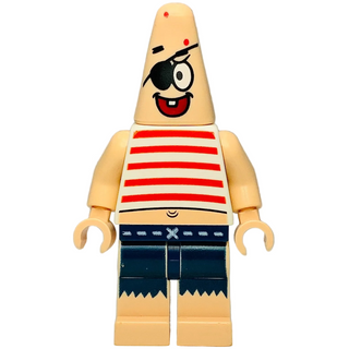Tan minifigure with cone-shaped head, eye patch, red smile, red and white striped shirt, and dark pants with tooth pattern.