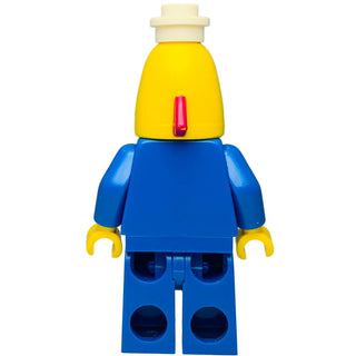 Yellow and blue LEGO minifigure with ice cream vendor hat, red mouth, yellow hands, and blue legs with circular cutouts.