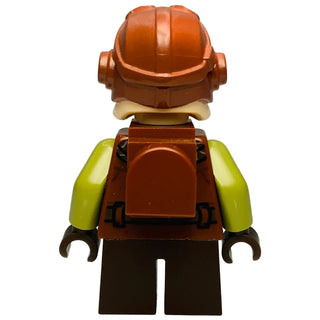 Lego minifigure wearing brown backpack with lime green arms and black legs, shown from back view.