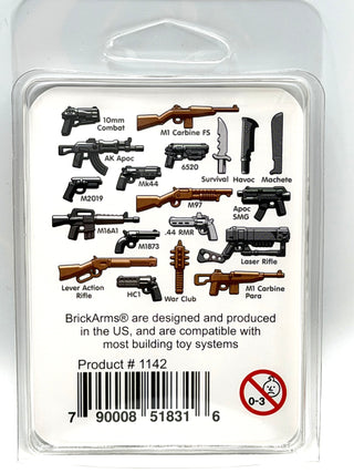 BrickArms Apocalypse Weapons Pack containing labeled miniature guns, rifles, knives, and accessories in black and brown.