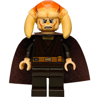 LEGO minifigure with orange head, long ears, facial markings, black cape, and orange belt detail.