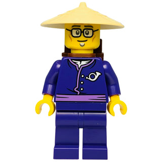 LEGO Ninjago minifigure with yellow face, glasses, conical hat, blue jacket with mail symbol, and dark blue legs.