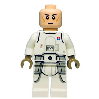 White and tan LEGO minifigure with stern expression, wearing armor suit with dark blue trim and colored insignia badges.
