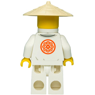 LEGO Ninjago Wu Sensei minifigure with tall conical hat, white robe with orange symbol, and gold hands.