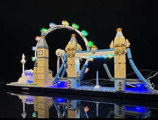 LEGO London Skyline set with illuminated LED lighting kit featuring colorful lights on Big Ben, Tower Bridge, and base struct