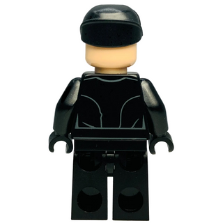 Black and tan minifigure with black cap, black torso with gray chest panel details, and black legs.