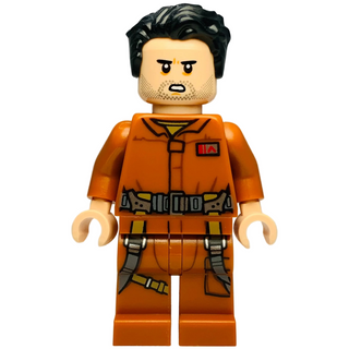 LEGO minifigure with black hair, tan face, and orange jumpsuit with black and yellow details and utility belt.