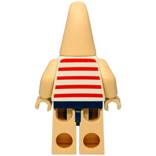Tan LEGO minifigure with cone-shaped head, red and white striped torso, and dark blue belt detail.