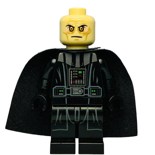 LEGO minifigure with yellow head featuring angry expression, black armor torso with control panel details, black cape, and bl