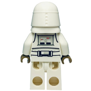 White LEGO Snowtrooper Commander minifigure with helmet, printed chest panel with controls, and tan hands and leg details.