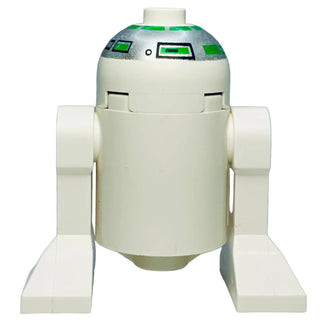 White and gray LEGO Star Wars R2-R7 droid minifigure with green panel details and cylindrical body.