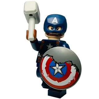 LEGO minifigure wearing blue helmet with "A" logo, dark blue suit, holding hammer and shield with star design.