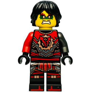 LEGO Ninjago minifigure with yellow head, black hair, angry expression, red and black armor torso, red arms, and black legs w