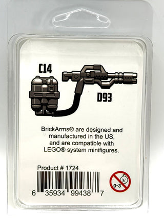 BrickArms D93 Incinerator Flamethrower with fuel tank attachment, molded in dark tan plastic for minifigure compatibility.