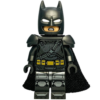 LEGO Batman minifigure with dark gray armor, cowl with white eyes, yellow belt, and black spongy cape.