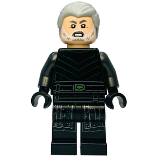 Lego minifigure with gray hair, white beard, angry expression, black and green outfit with metallic shoulder details and arti