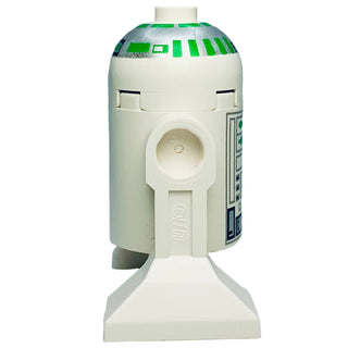 White and green cylindrical LEGO Star Wars R2-R7 droid minifigure with detailed panel markings and dome head.