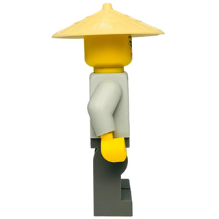LEGO Ninjago minifigure with yellow conical hat, light gray sweater, and dark pants.