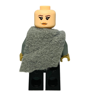 LEGO minifigure with yellow head, black eyes and orange mouth, wearing gray textured cape, dark green torso, tan arms, and bl