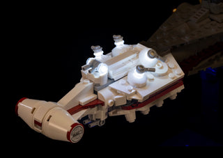 LEGO Tantive IV spacecraft with white LED light modules installed on hull and engine sections.