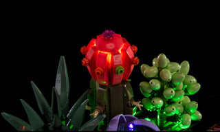 LED lighting kit for LEGO succulents set with illuminated red flower, green plants, and purple accents against black backgrou