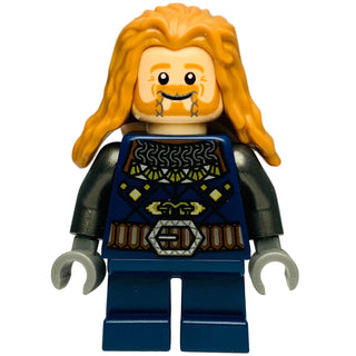 LEGO minifigure with long orange hair, smiling face with braids, blue tunic with decorative patterns, black arms, and blue le