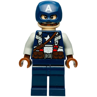LEGO Marvel minifigure wearing dark blue helmet with white "A" logo, dark blue suit with white star and brown strap, and brow
