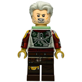 LEGO minifigure with gray hair, tan face with beard, red and gold armor chest plate, dark pants, and gold hands.