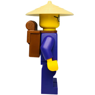LEGO Ninjago minifigure with yellow conical hat, yellow head, brown satchel, blue robes, and yellow feet.