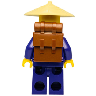 LEGO Ninjago minifigure with yellow conical hat, brown mail bag, blue torso, yellow hands, and blue legs with black dots.