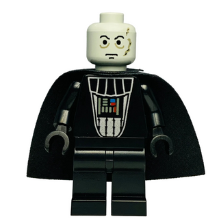 LEGO Darth Vader minifigure with pale yellow head, silver chest armor with dark panel, black cape, and dark gray legs.