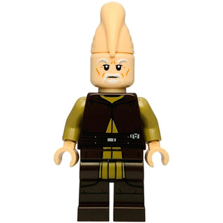 Tan-headed minifigure with printed facial features wearing olive-green arms, black torso with yellow stripe detail, and black
