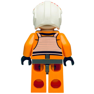 Minifigure with white helmet, orange flight suit with striped chest panel, black hands, and red circular leg details.