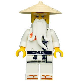 LEGO Ninjago Wu Sensei minifigure with golden conical hat, white beard, cream robe, and golden hands.
