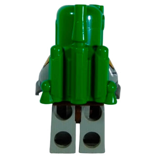 LEGO minifigure with green armor torso, gray and black printed legs, and gray helmet with green visor.