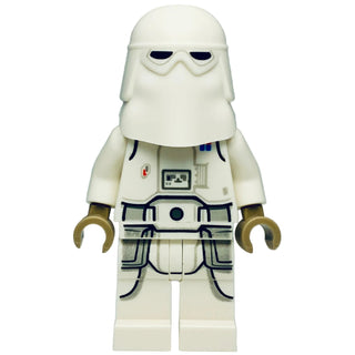 White LEGO minifigure with helmet, blue and black armor details, tan hands, and printed chest panel.