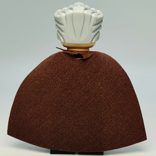 Minifigure with white swept-back hair, tan neck collar, and brown fabric cape.
