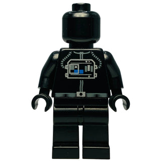 Black LEGO minifigure with TIE Fighter pilot helmet and printed torso detail with control panel design.