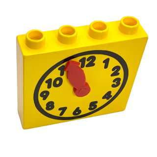 Duplo, Brick 1 x 4 x 3 with Movable Red Clock Hands and Yellow Clock Face with Black Numbers Pattern, Part#4145c01pb01