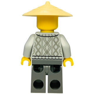 LEGO Ninjago minifigure with yellow conical hat, light gray patterned sweater, and yellow hands.