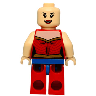Minifigure with tan head and arms, red chest piece with gold and black details, red legs with blue belt, and red lips.