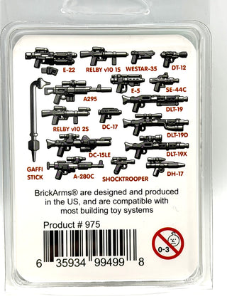 BrickArms weapons pack containing 16 black minifigure-scale blasters and accessories including rifles, pistols, and a gaffi s
