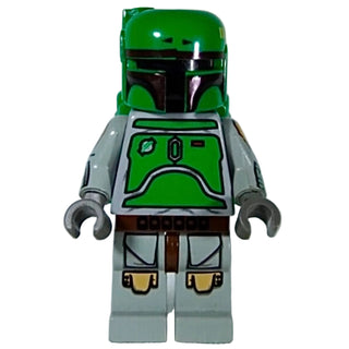 LEGO Boba Fett minifigure with green helmet, printed green and gray armor torso, gray arms, and light gray legs with printed 