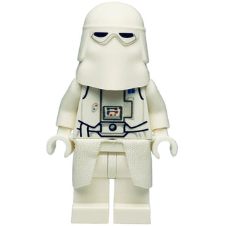 White LEGO Snowtrooper Commander minifigure with helmet, printed torso details, and textured skirt piece.